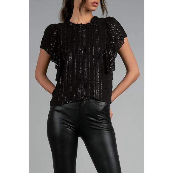 NEW ELAN shimmer flutter sleeve top in black - Picture 2 of 4